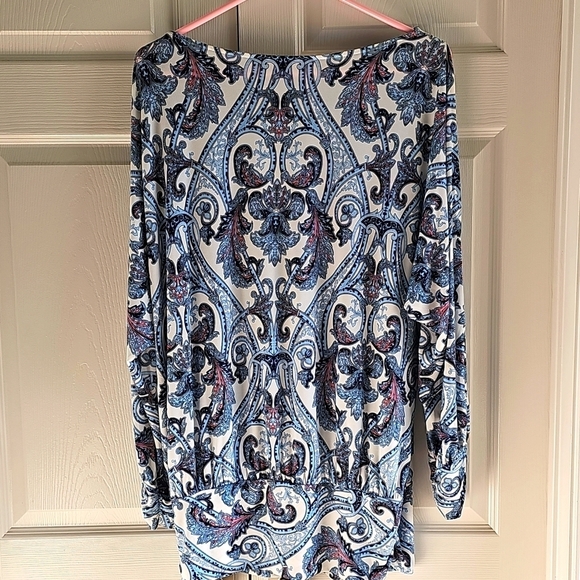 NWOT Boston Proper Paisley Long Sleeve Cold Shoulder Ruched Blouse. LARGE. Blue - Picture 11 of 13